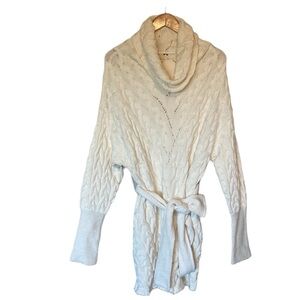 Free People Cream Cable Knit Turtle Neck Waist Tie Mini Sweater Dress S